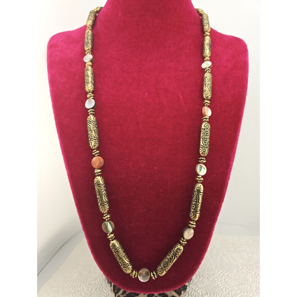 Vintage Repoussé Floral Tube Bead Necklace Brass 30" Mother of Pearl Shell Boho